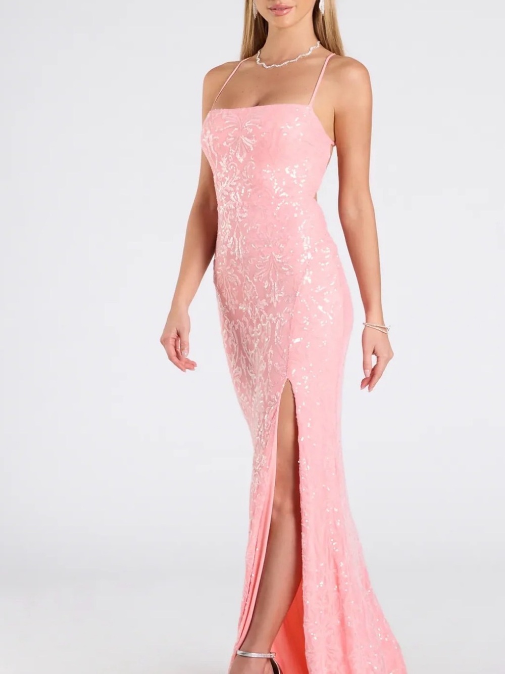 Mariah Lace-Up Slit Sequin Formal Dress